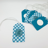 Teal and white wax seal gift tags