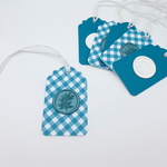 Teal and white wax seal gift tags